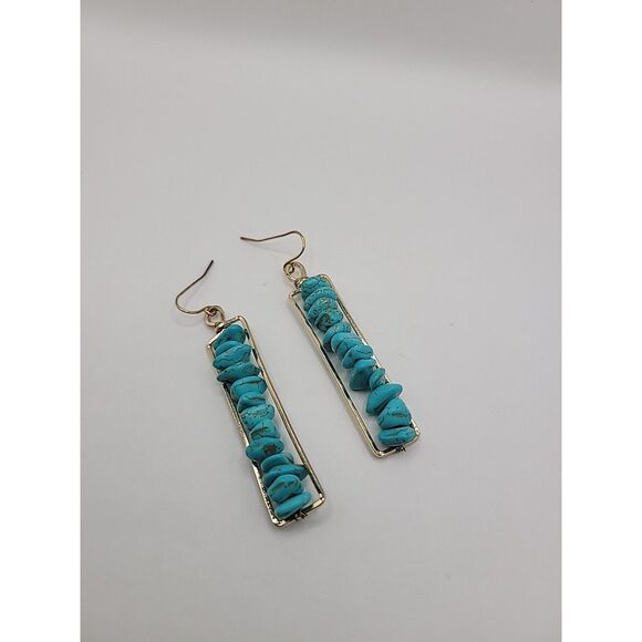 Vintage Blue Chip Bar Earrings Gold Tone Rectangular Dangle Boho Pierced Jewelry - Picture 8 of 11